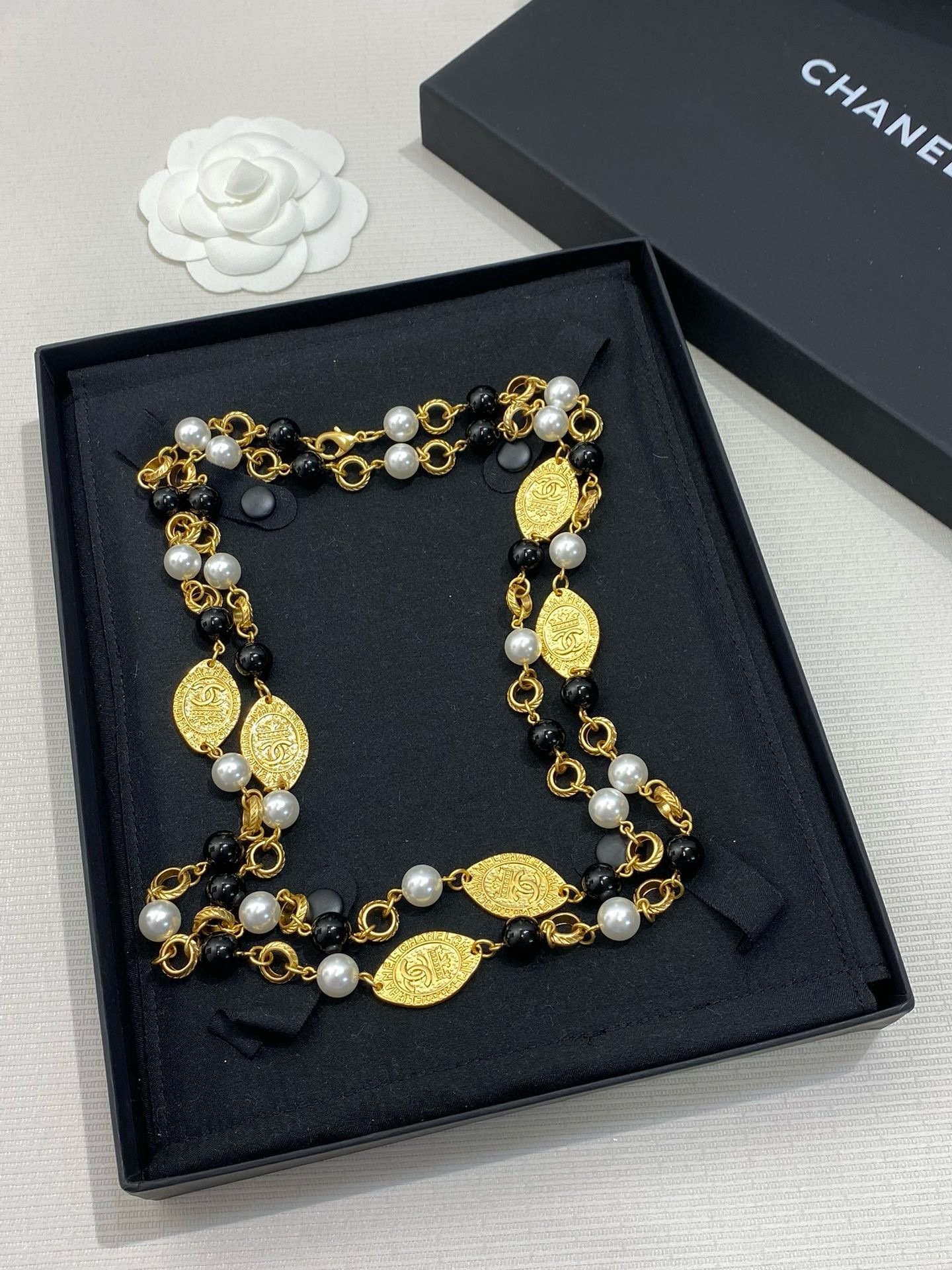 IMG_8096 Ch@nel Vintage Pearl, Onyx, and Coin Long Necklace - Image 1